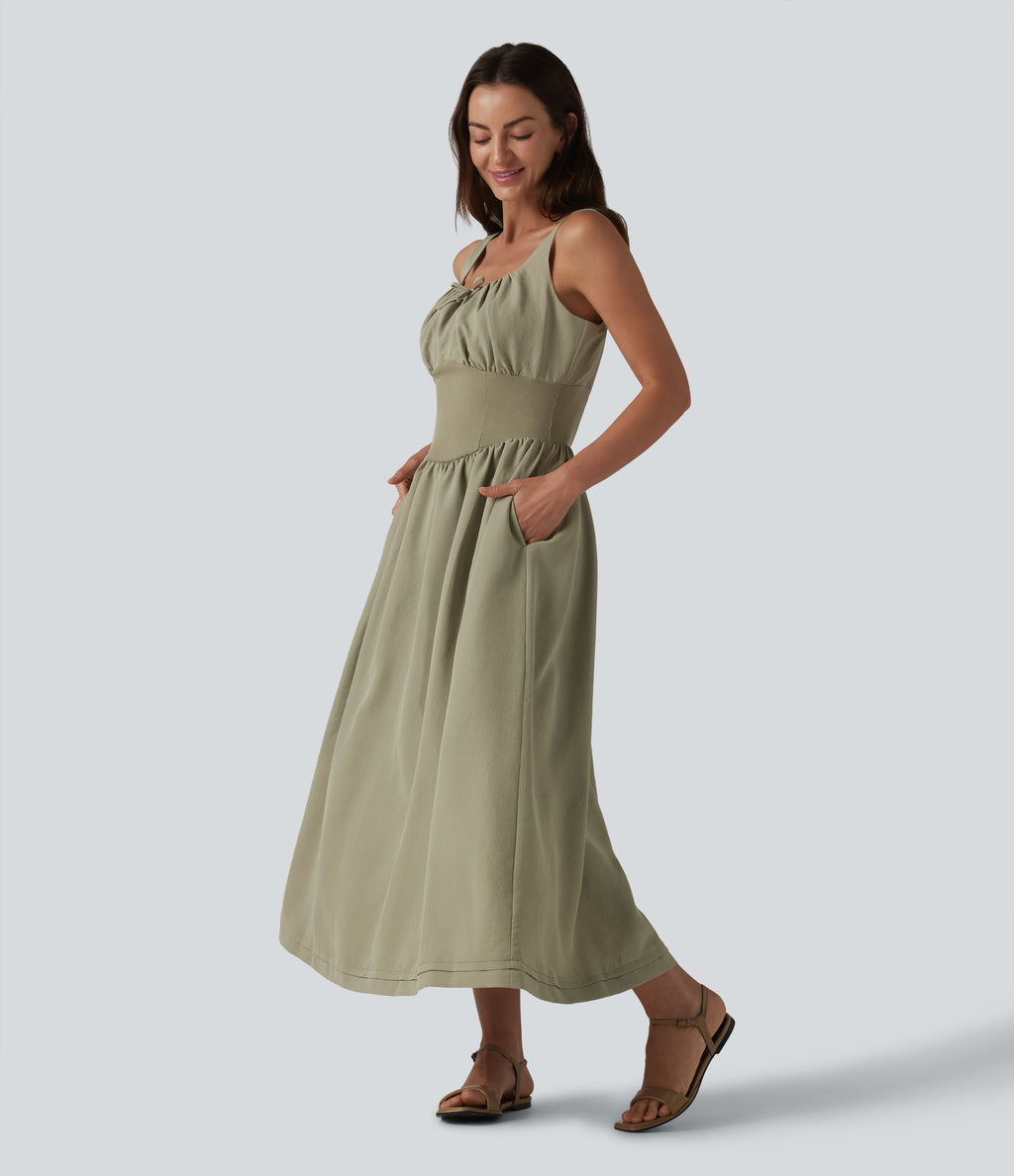 Square Neck Lace Up Corset Midi Casual Dress with Pockets — Earthy Yellow — view 3