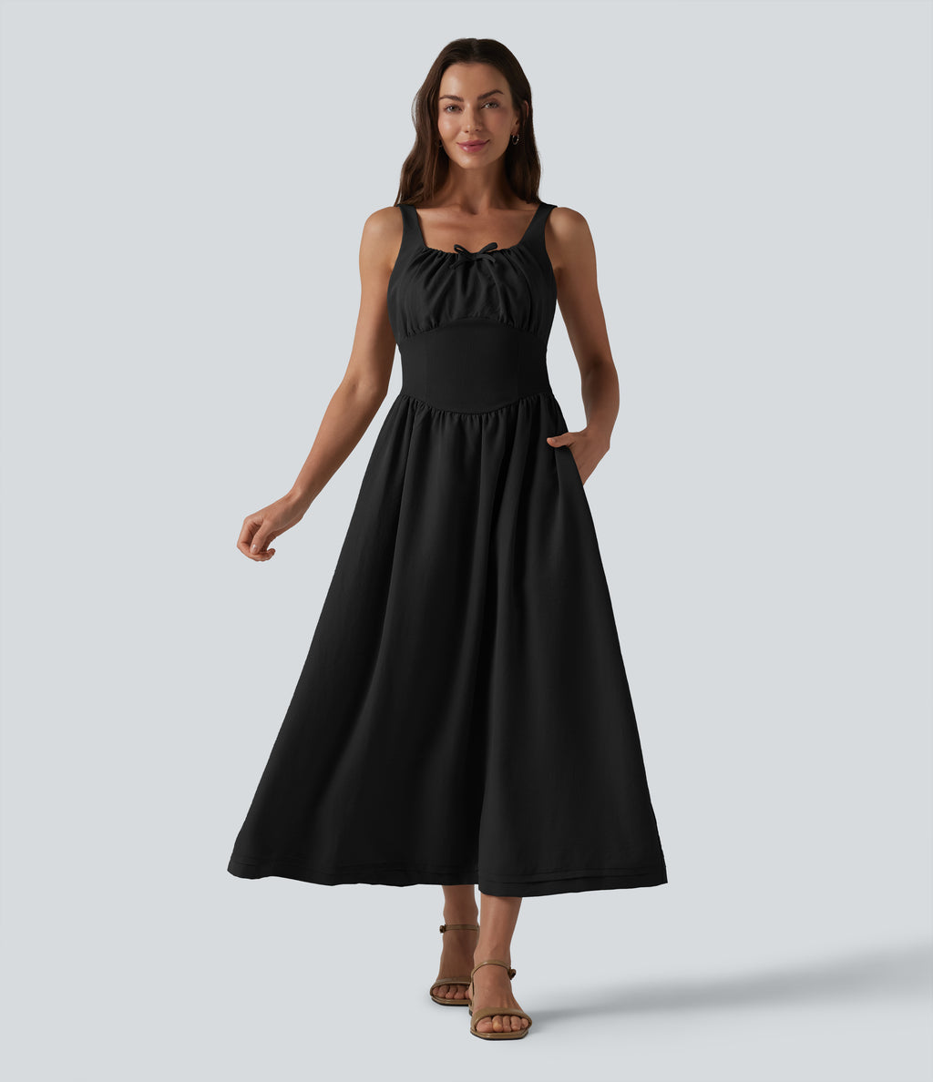 Square Neck Lace Up Corset Midi Casual Dress with Pockets — Black — view 6