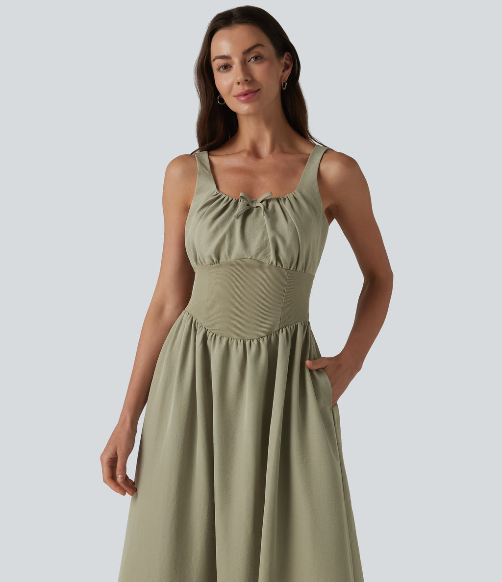Square Neck Lace Up Corset Midi Casual Dress with Pockets — Earthy Yellow — view 4