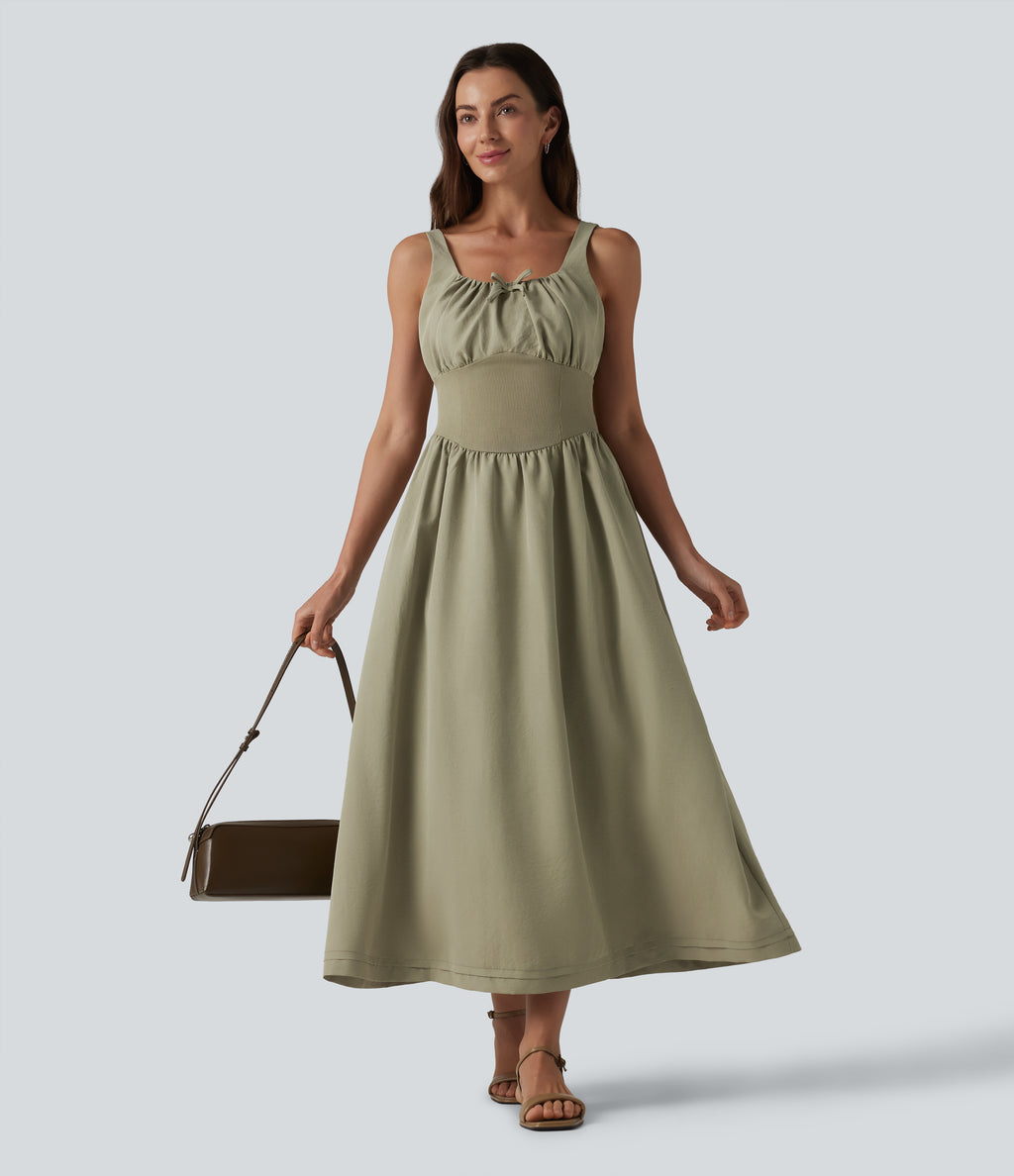 Square Neck Lace Up Corset Midi Casual Dress with Pockets — Earthy Yellow — view 5