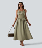 Square Neck Lace Up Corset Midi Casual Dress with Pockets — Earthy Yellow — view 5