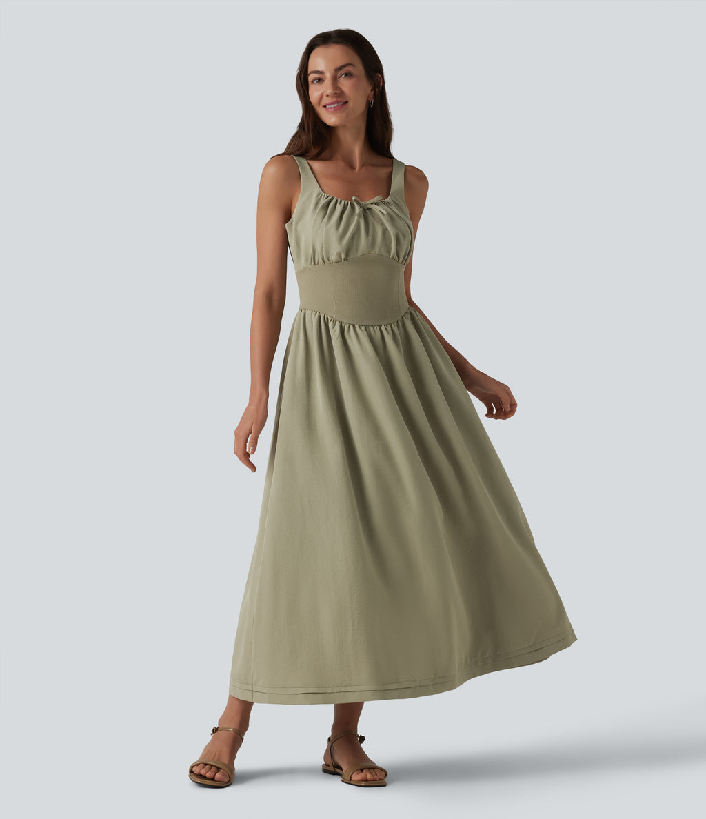 Square Neck Lace Up Corset Midi Casual Dress with Pockets — Earthy Yellow — view 1