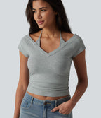 Cotton Jersey Short Sleeve Tie-back Ruched 2-in-1 Casual T-Shirt — Urban Mist — view 1