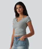 Cotton Jersey Short Sleeve Tie-back Ruched 2-in-1 Casual T-Shirt — Urban Mist — view 3