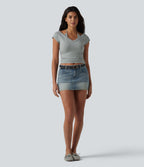 Cotton Jersey Short Sleeve Tie-back Ruched 2-in-1 Casual T-Shirt — Urban Mist — view 6