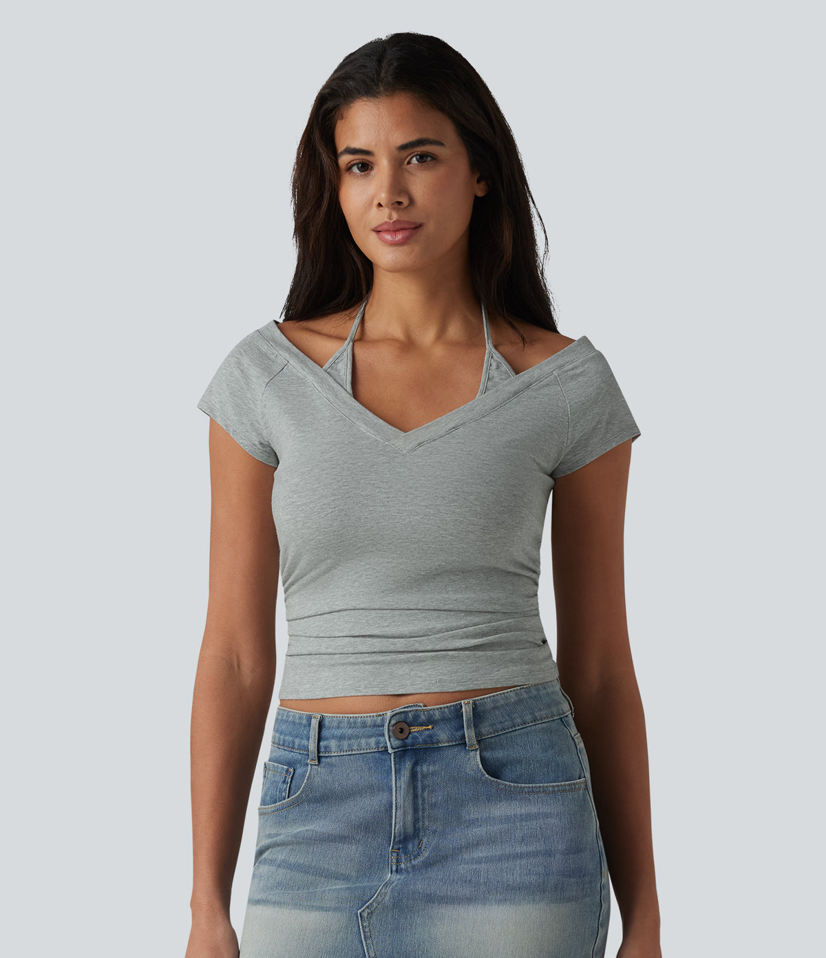 Cotton Jersey Short Sleeve Tie-back Ruched 2-in-1 Casual T-Shirt — Urban Mist — view 4