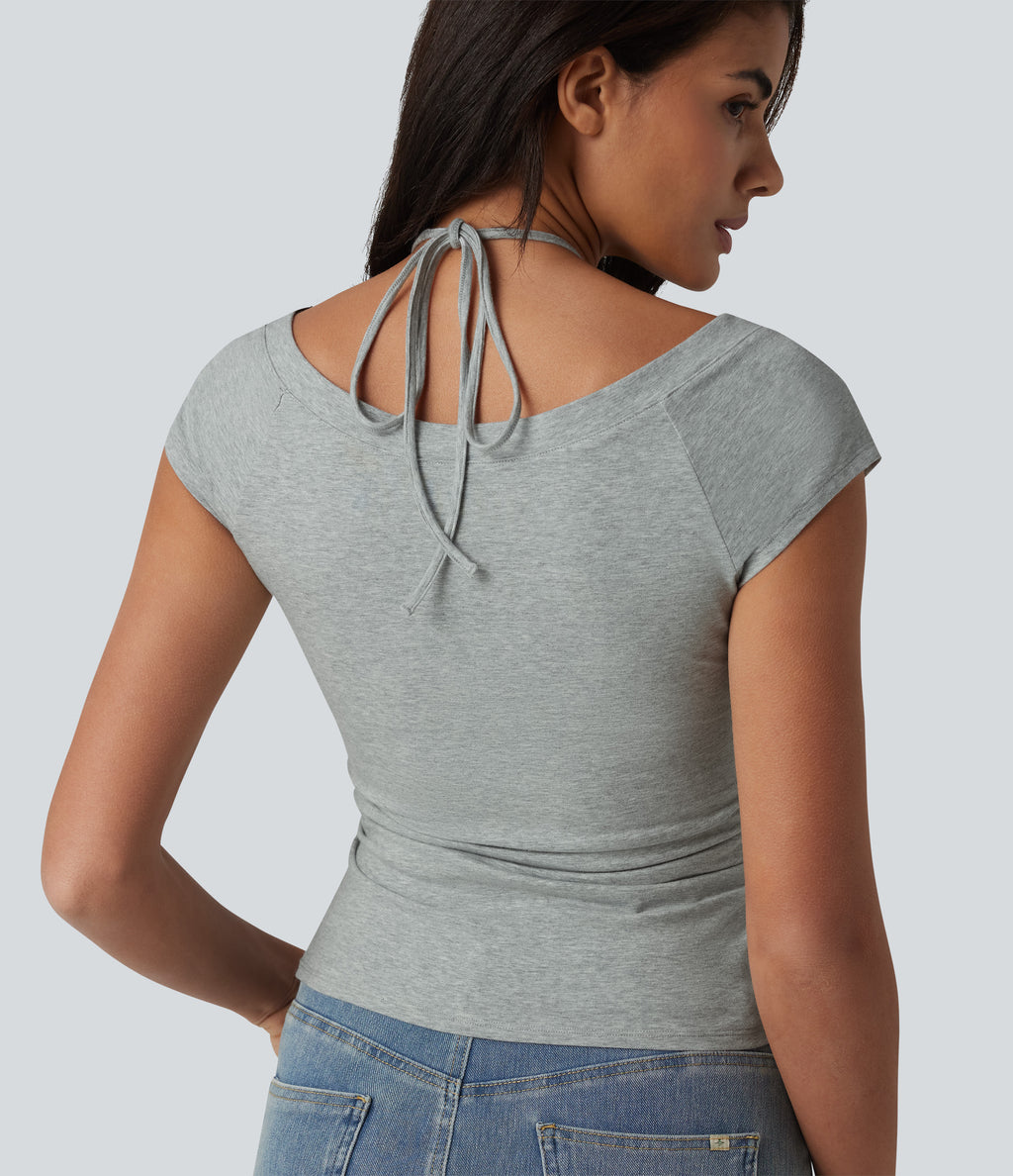 Cotton Jersey Short Sleeve Tie-back Ruched 2-in-1 Casual T-Shirt — Urban Mist — view 5