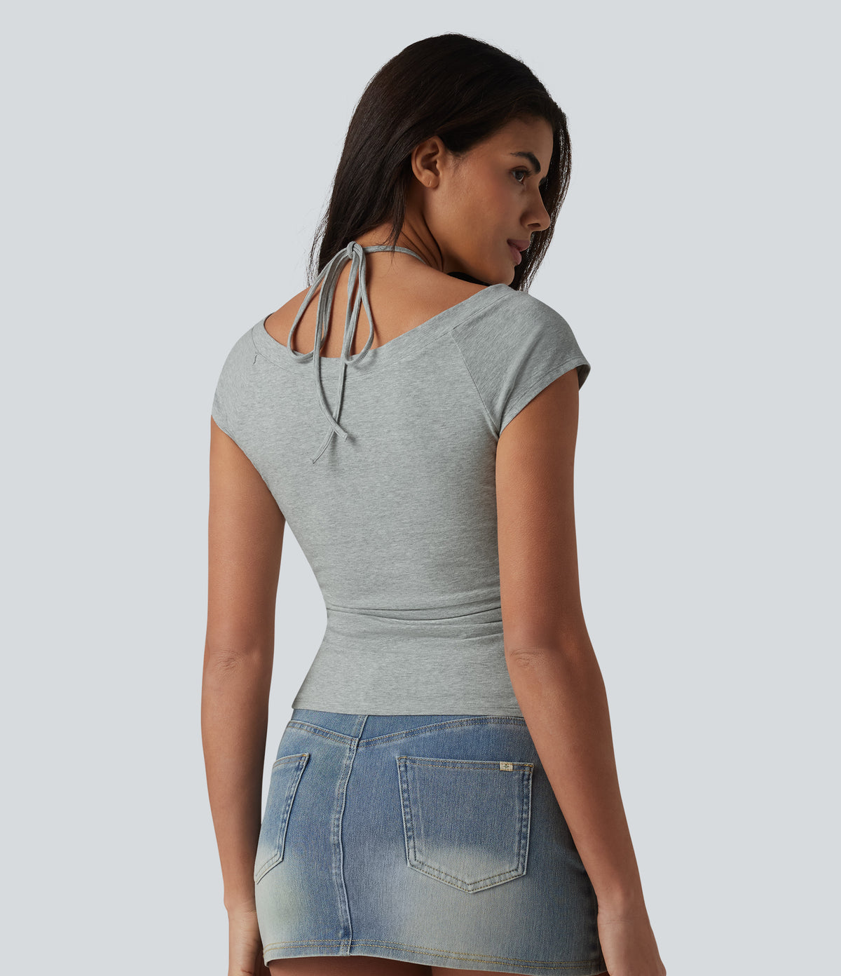 Cotton Jersey Short Sleeve Tie-back Ruched 2-in-1 Casual T-Shirt — Urban Mist — view 2