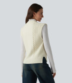 Round Neck Split Hem Button Fly Casual Sweater Vest — White — view 3