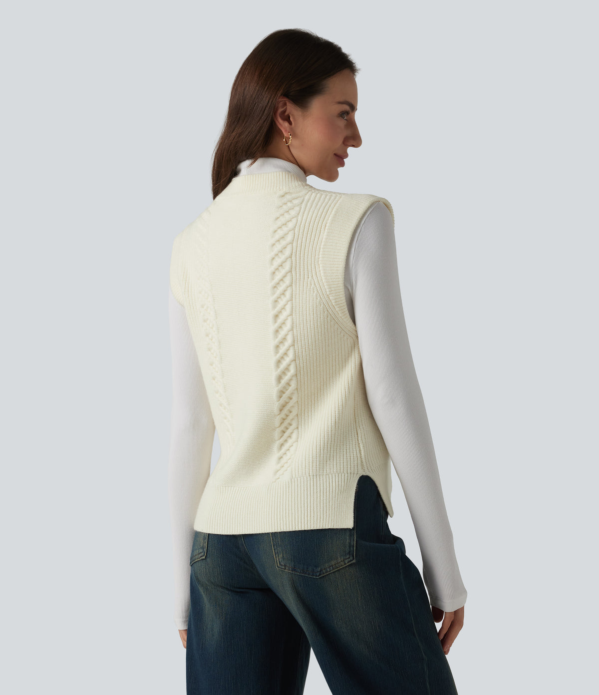 Round Neck Split Hem Button Fly Casual Sweater Vest — White — view 3