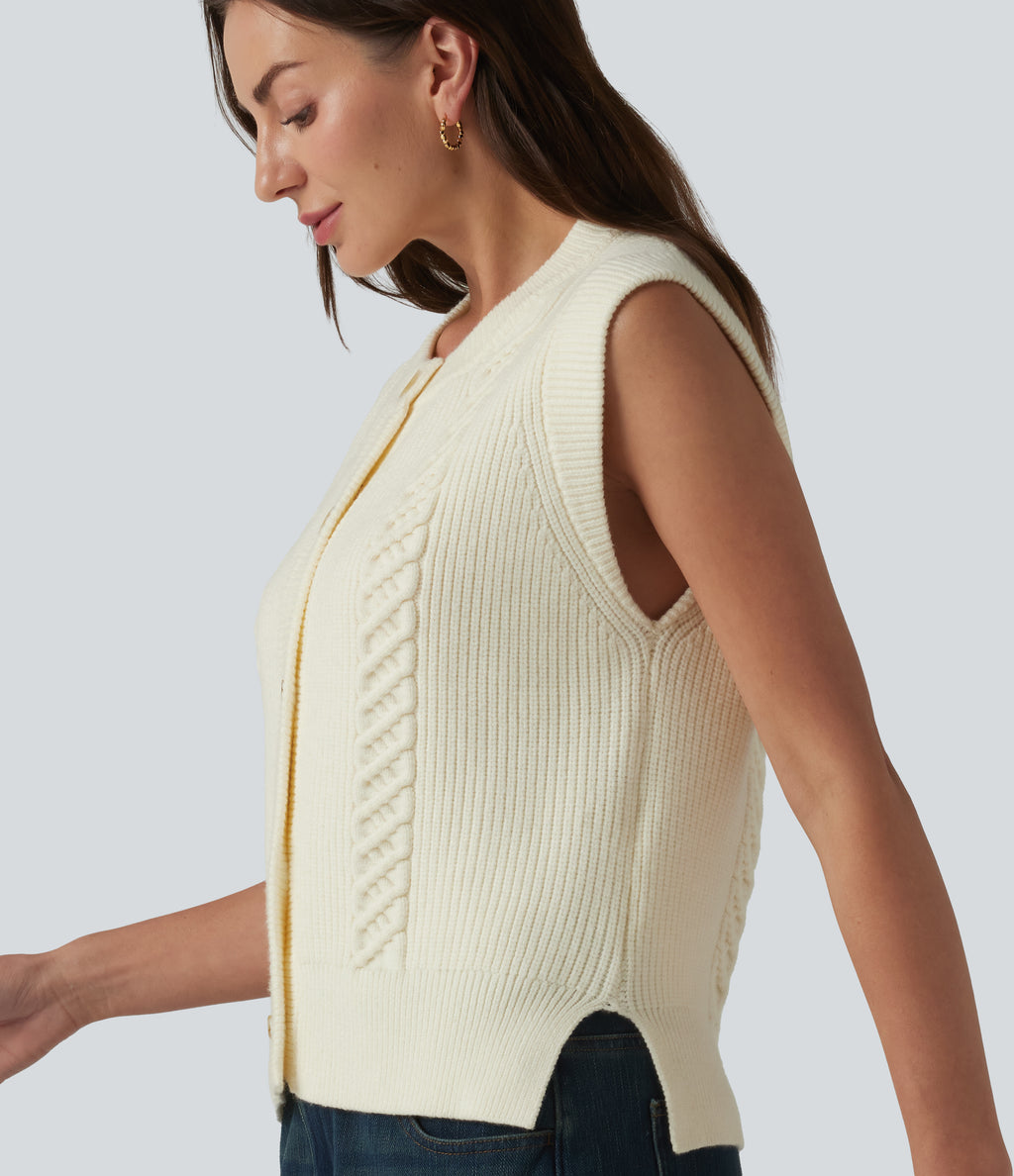 Round Neck Split Hem Button Fly Casual Sweater Vest — White — view 5