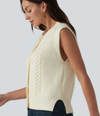 Round Neck Split Hem Button Fly Casual Sweater Vest — White — view 5