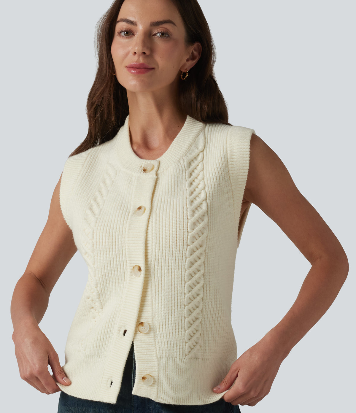 Round Neck Split Hem Button Fly Casual Sweater Vest — White — view 1