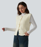 Round Neck Split Hem Button Fly Casual Sweater Vest — White — view 2