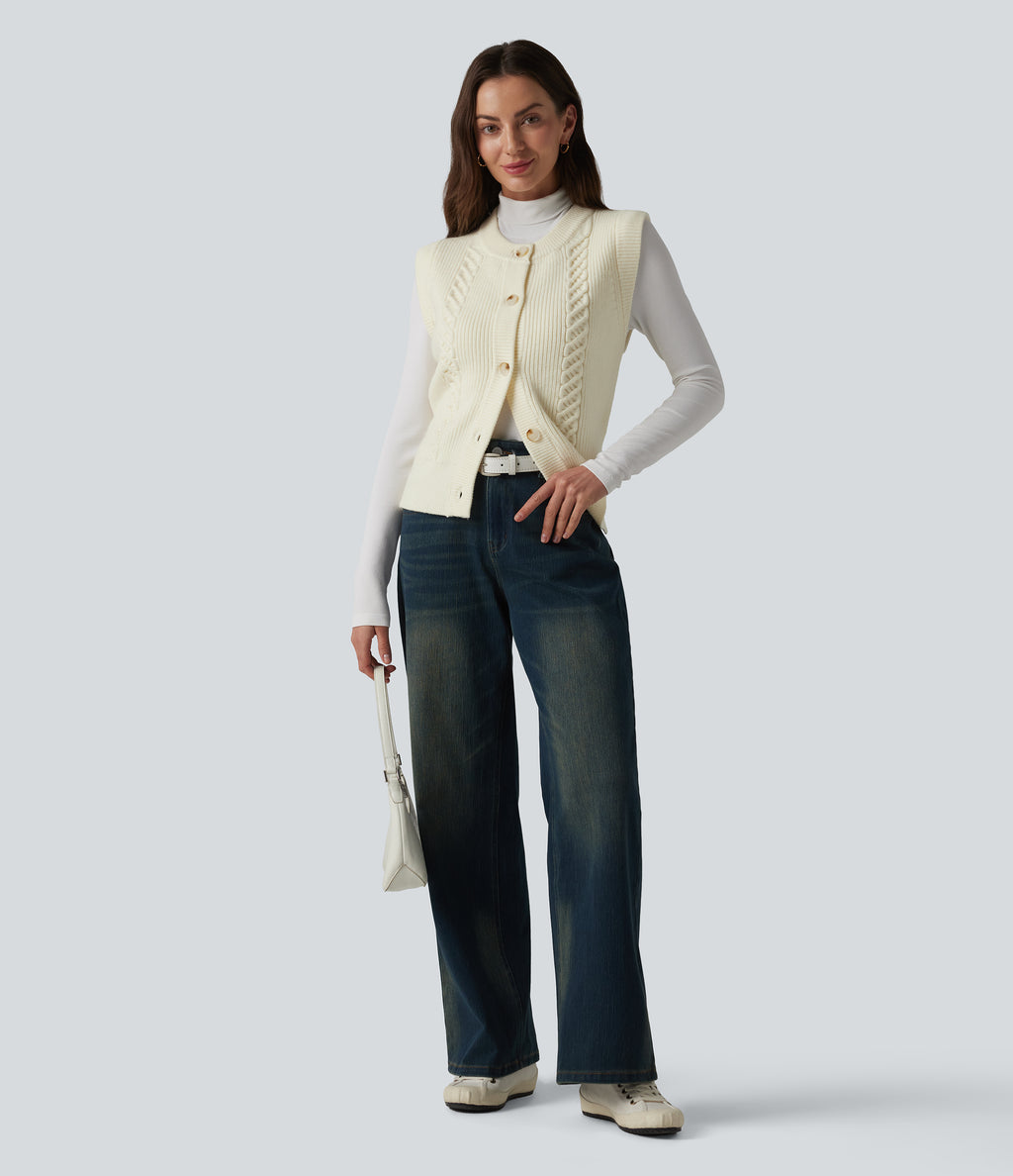 Round Neck Split Hem Button Fly Casual Sweater Vest — White — view 6