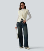 Round Neck Split Hem Button Fly Casual Sweater Vest — White — view 6