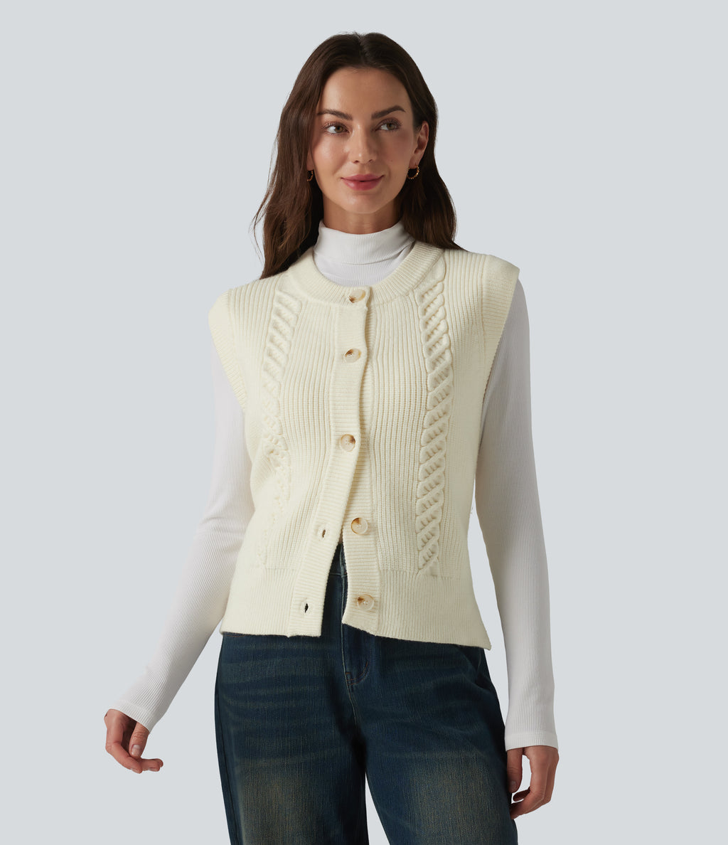 Round Neck Split Hem Button Fly Casual Sweater Vest — White — view 4