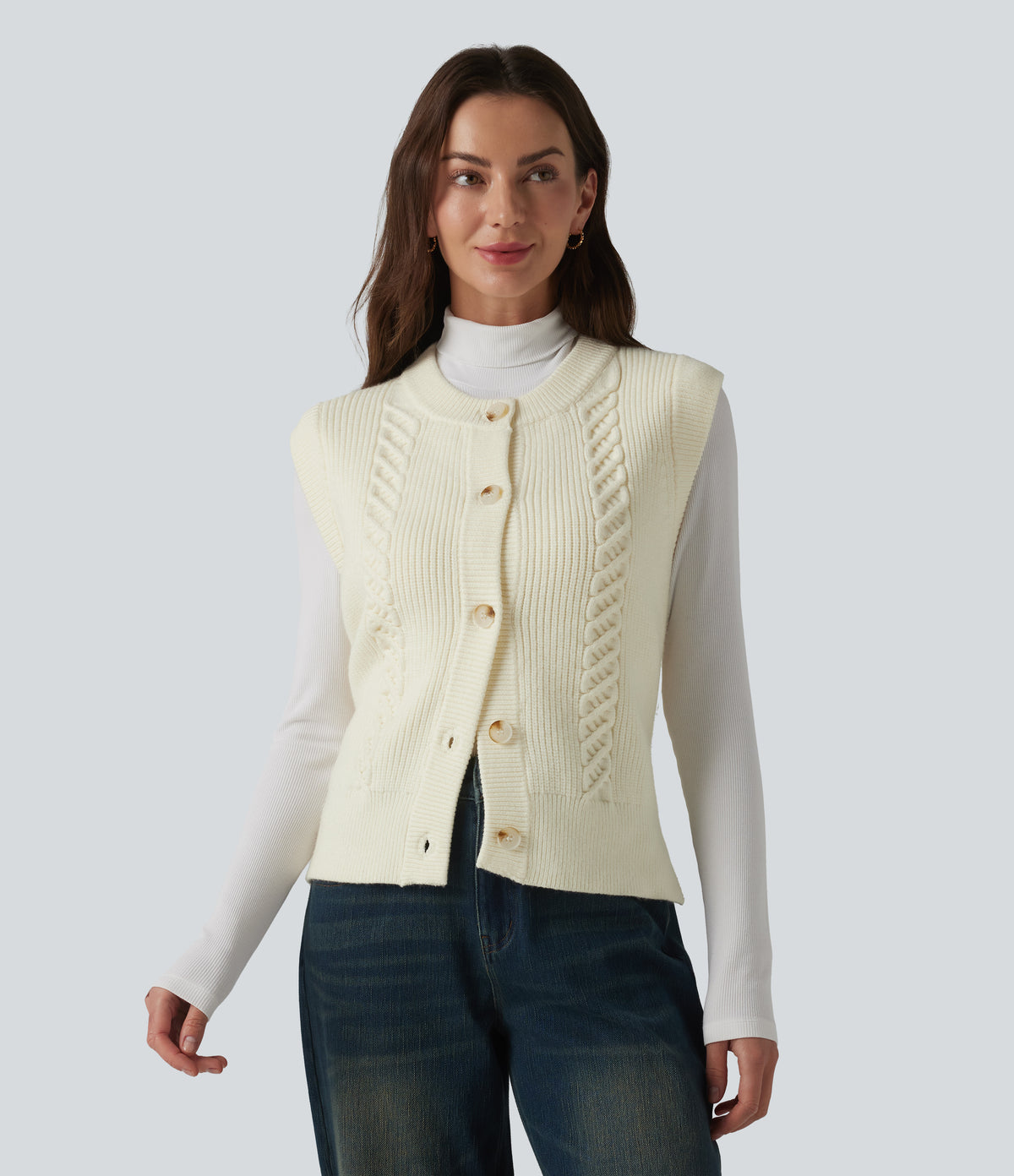 Round Neck Split Hem Button Fly Casual Sweater Vest — White — view 4