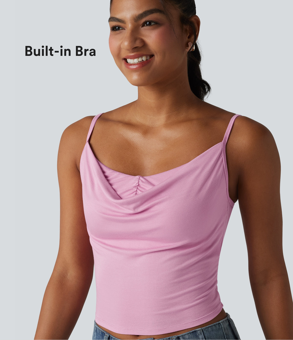 Ribbed Knit Cowl Neck Adjustable Straps Built-in Bra Casual Tank Top — Sweet Lilac — view 4