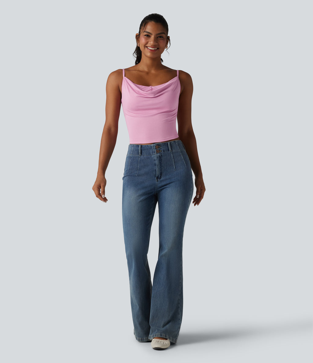 Ribbed Knit Cowl Neck Adjustable Straps Built-in Bra Casual Tank Top — Sweet Lilac — view 7