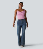 Ribbed Knit Cowl Neck Adjustable Straps Built-in Bra Casual Tank Top — Sweet Lilac — view 7
