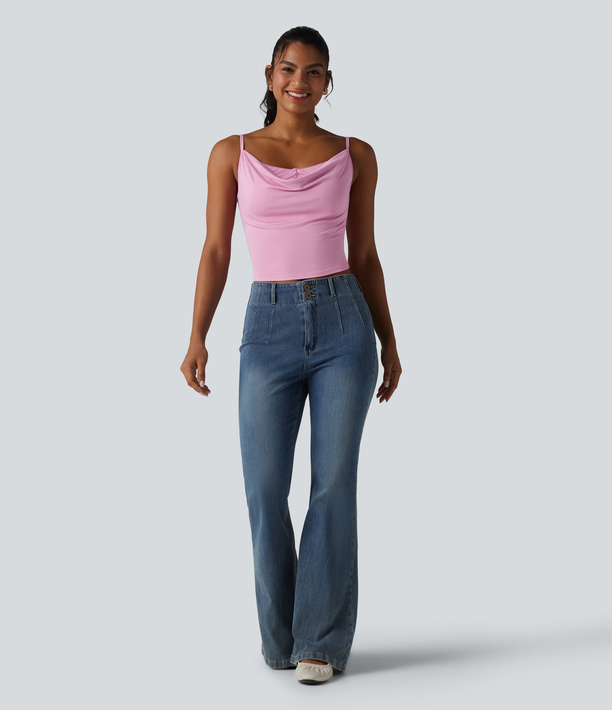 Ribbed Knit Cowl Neck Adjustable Straps Built-in Bra Casual Tank Top — Sweet Lilac — view 7