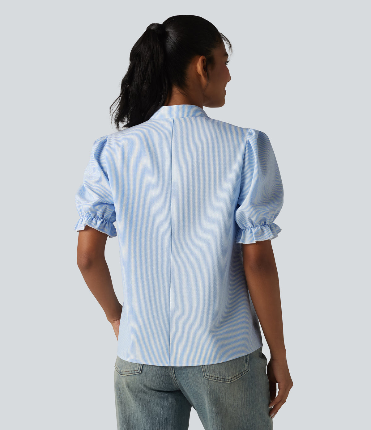 Puff Short Sleeve Stripe Casual Shirt — Azure White Stripe — view 2
