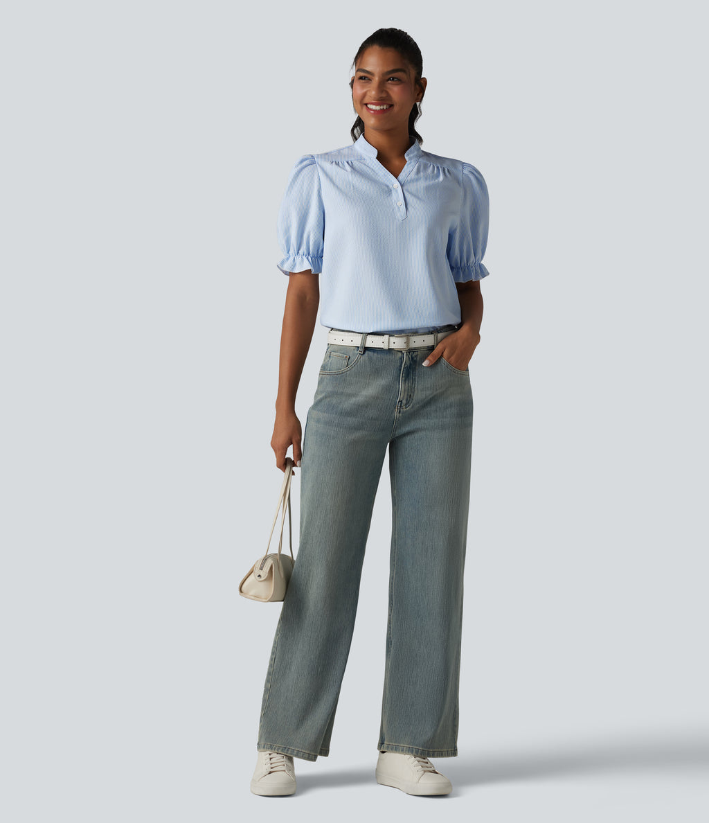 Puff Short Sleeve Stripe Casual Shirt — Azure White Stripe — view 6