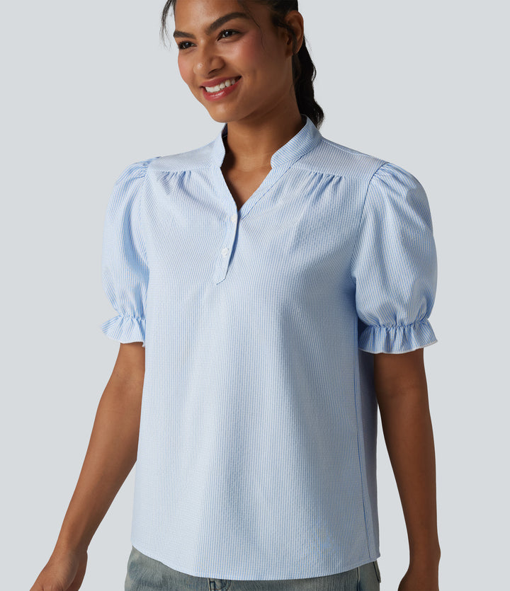 Puff Short Sleeve Stripe Casual Shirt — Azure White Stripe — view 1