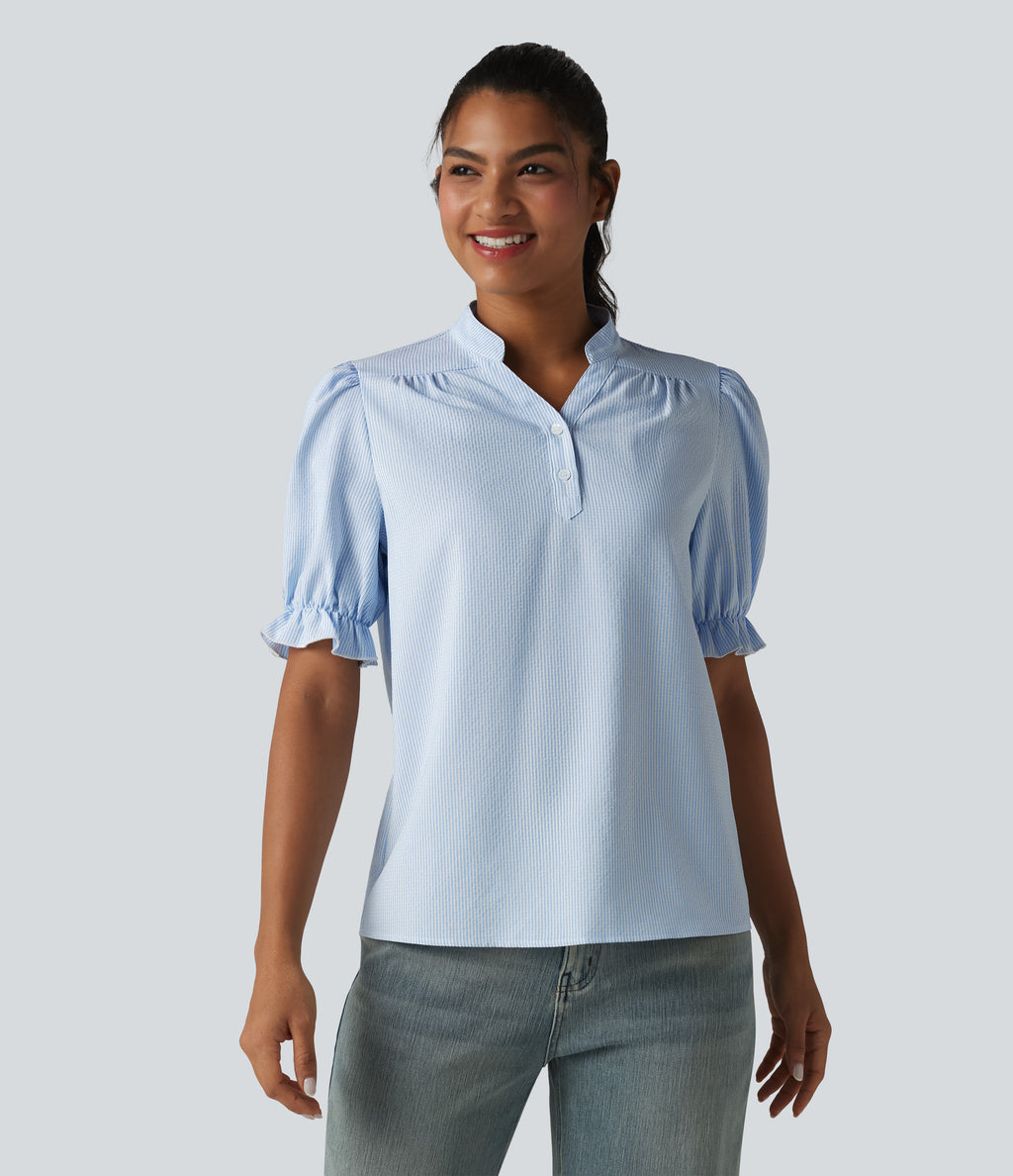 Puff Short Sleeve Stripe Casual Shirt — Azure White Stripe — view 3
