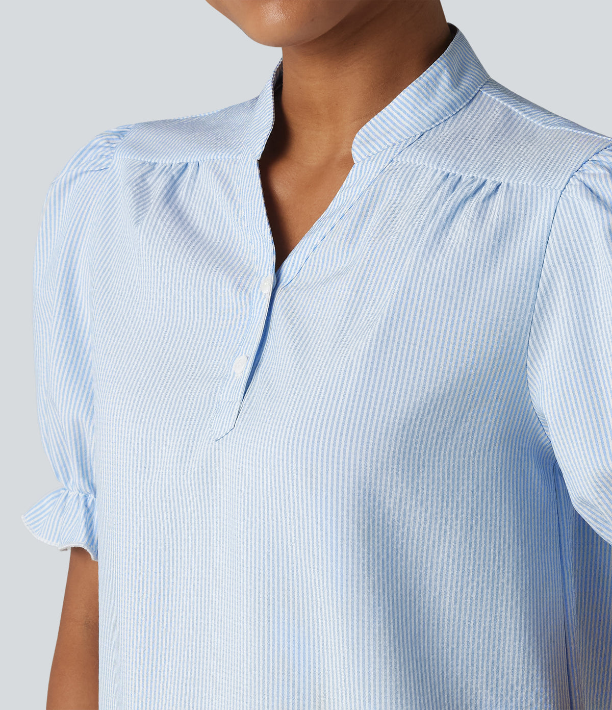 Puff Short Sleeve Stripe Casual Shirt — Azure White Stripe — view 5