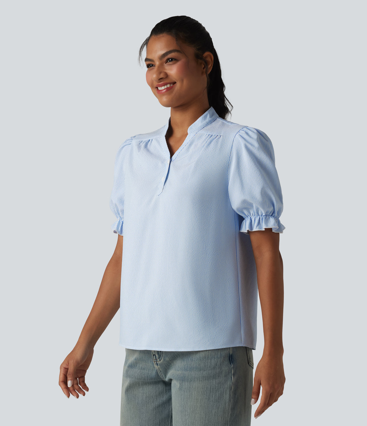 Puff Short Sleeve Stripe Casual Shirt — Azure White Stripe — view 4