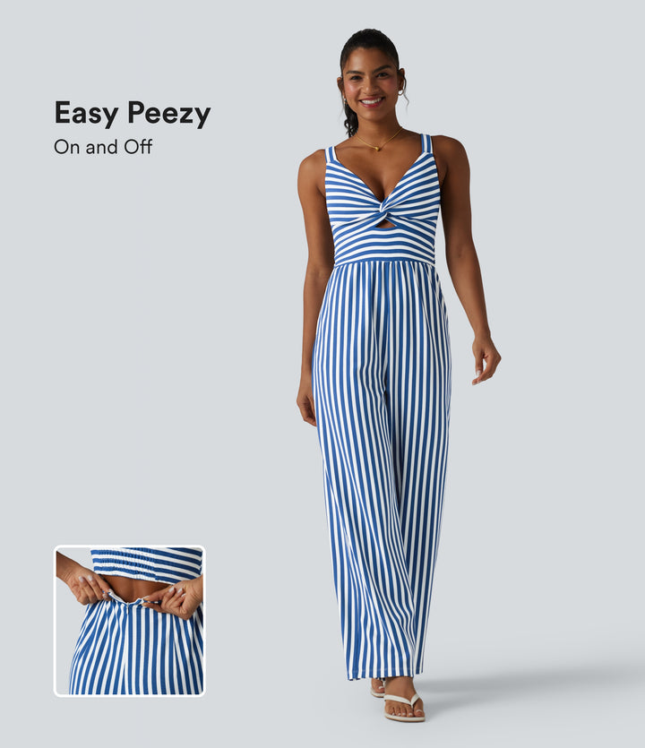 Sleeveless Twisted Shirred Invisible Zipper Built-in Bra Stripes Waffle Casual Jumpsuit with Pockets — Cerulean Stripes — view 1