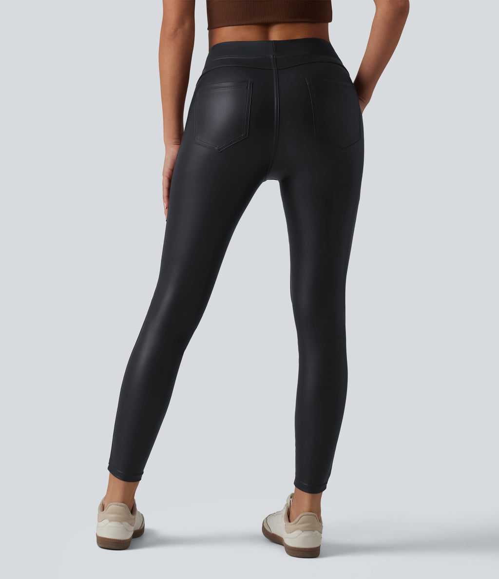 High Waisted Stretchy PU Casual Skinny Trousers with Pockets — Ink Night Blue — view 2