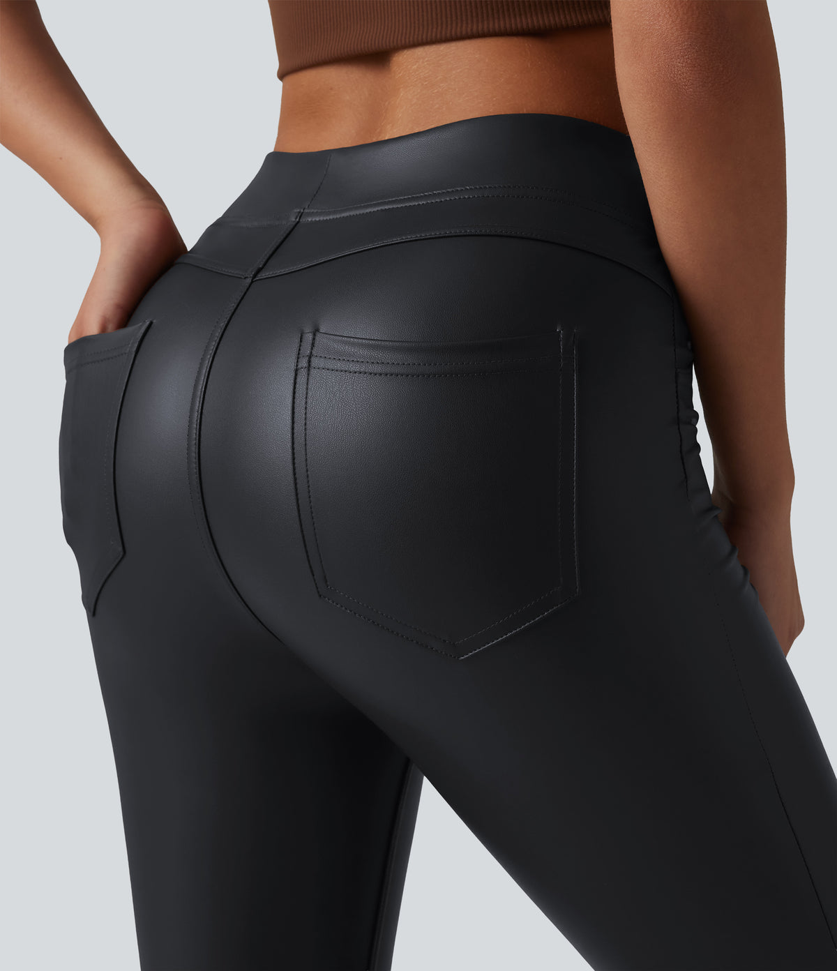 High Waisted Stretchy PU Casual Skinny Trousers with Pockets — Ink Night Blue — view 5