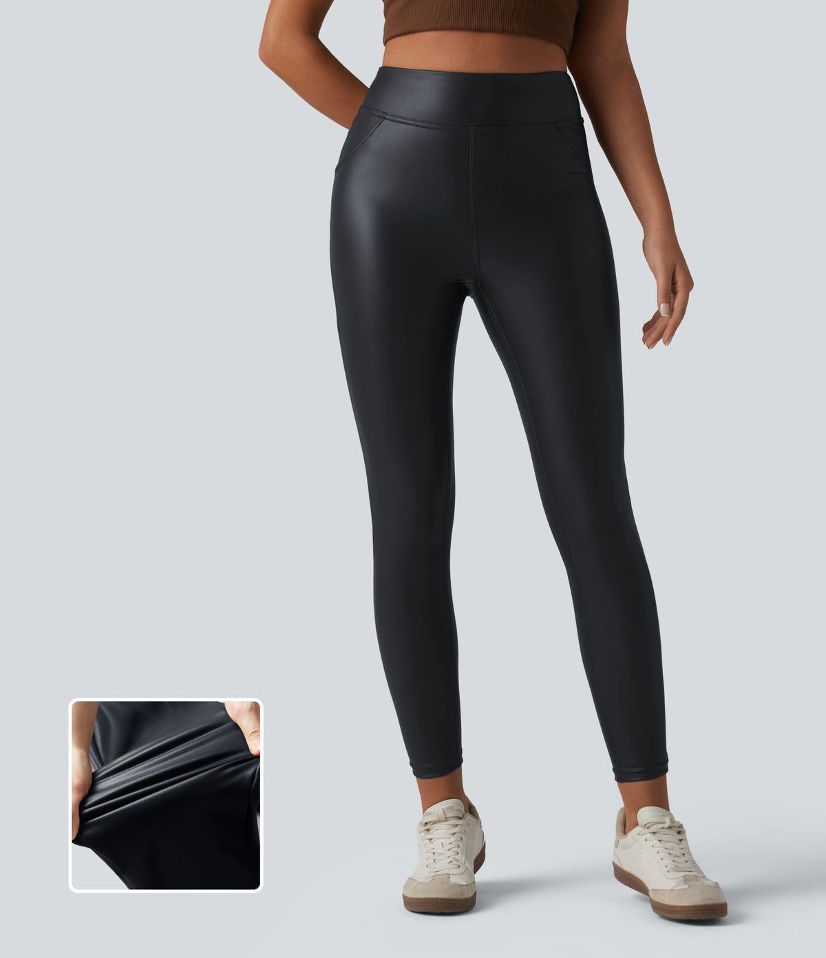 High Waisted Stretchy PU Casual Skinny Trousers with Pockets — Ink Night Blue — view 1