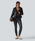 High Waisted Stretchy PU Casual Skinny Trousers with Pockets — Ink Night Blue — view 6