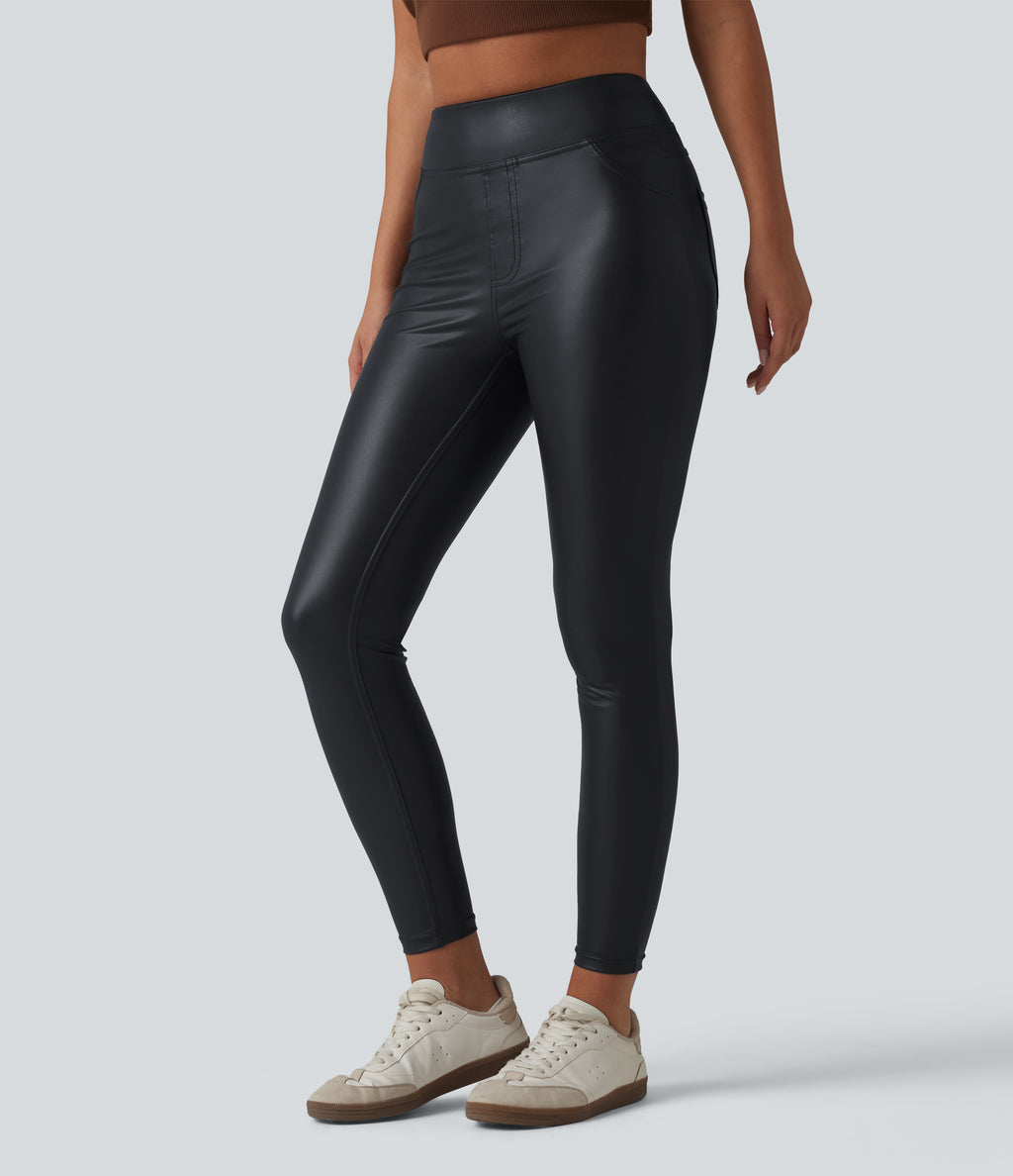 High Waisted Stretchy PU Casual Skinny Trousers with Pockets — Ink Night Blue — view 3