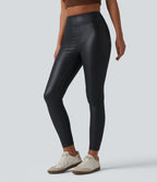 High Waisted Stretchy PU Casual Skinny Trousers with Pockets — Ink Night Blue — view 3