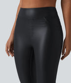High Waisted Stretchy PU Casual Skinny Trousers with Pockets — Ink Night Blue — view 4