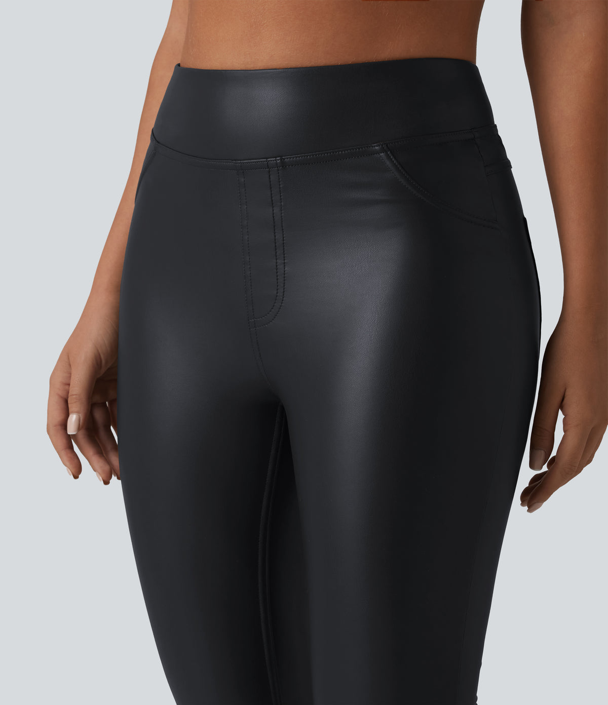 High Waisted Stretchy PU Casual Skinny Trousers with Pockets — Ink Night Blue — view 4