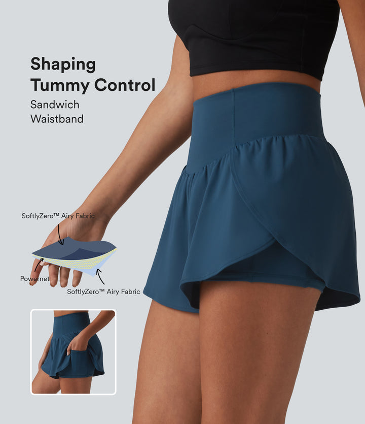 Airy High Waisted Tummy Control 2-in-1 Curved Hem InstantCool Yoga Shorts 3'' with Pockets — Majolica Blue — view 1