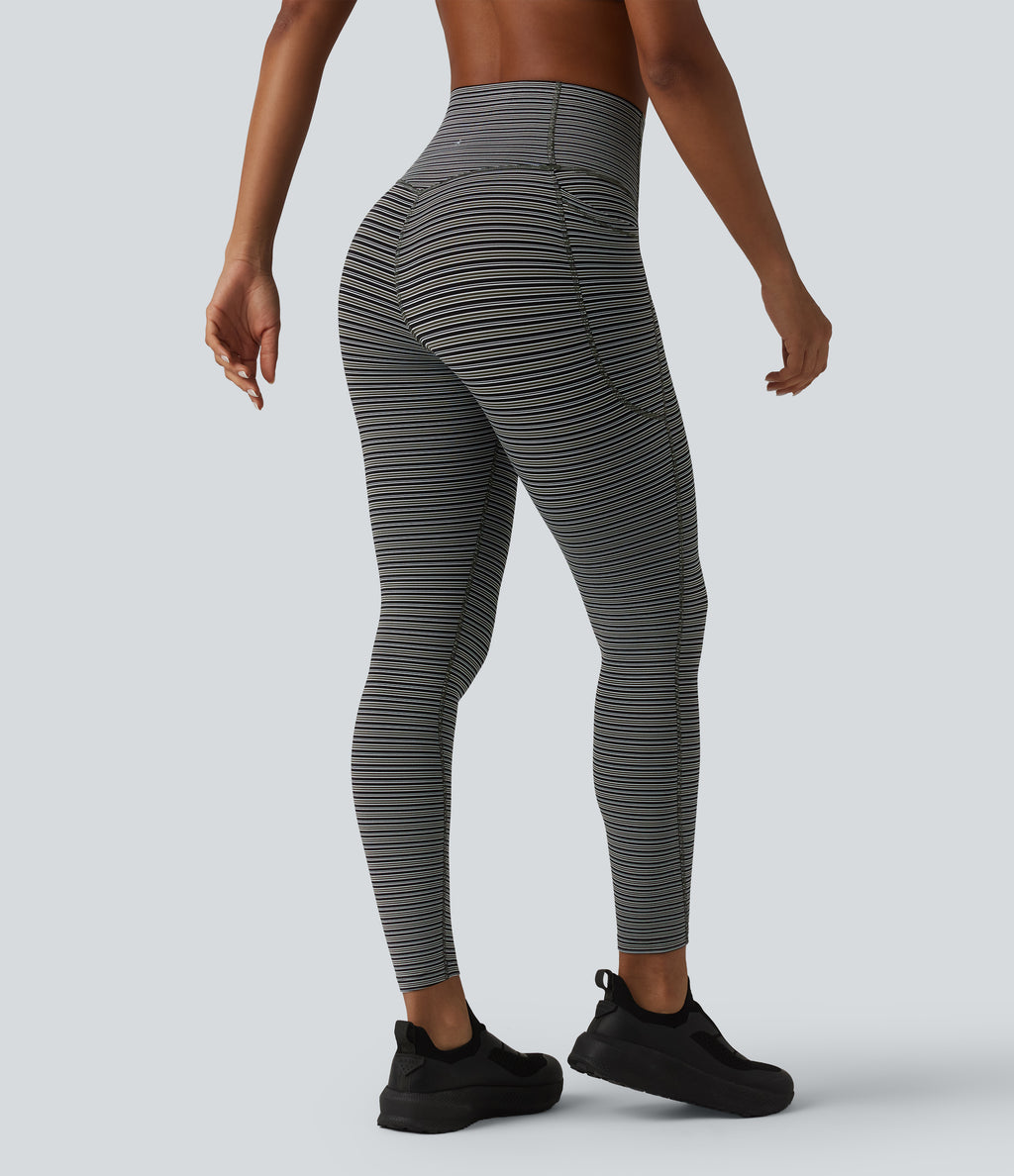 Jacquard Stripe High Waisted Tummy Control Running Leggings with Pockets — Nightwood Stripe — view 7
