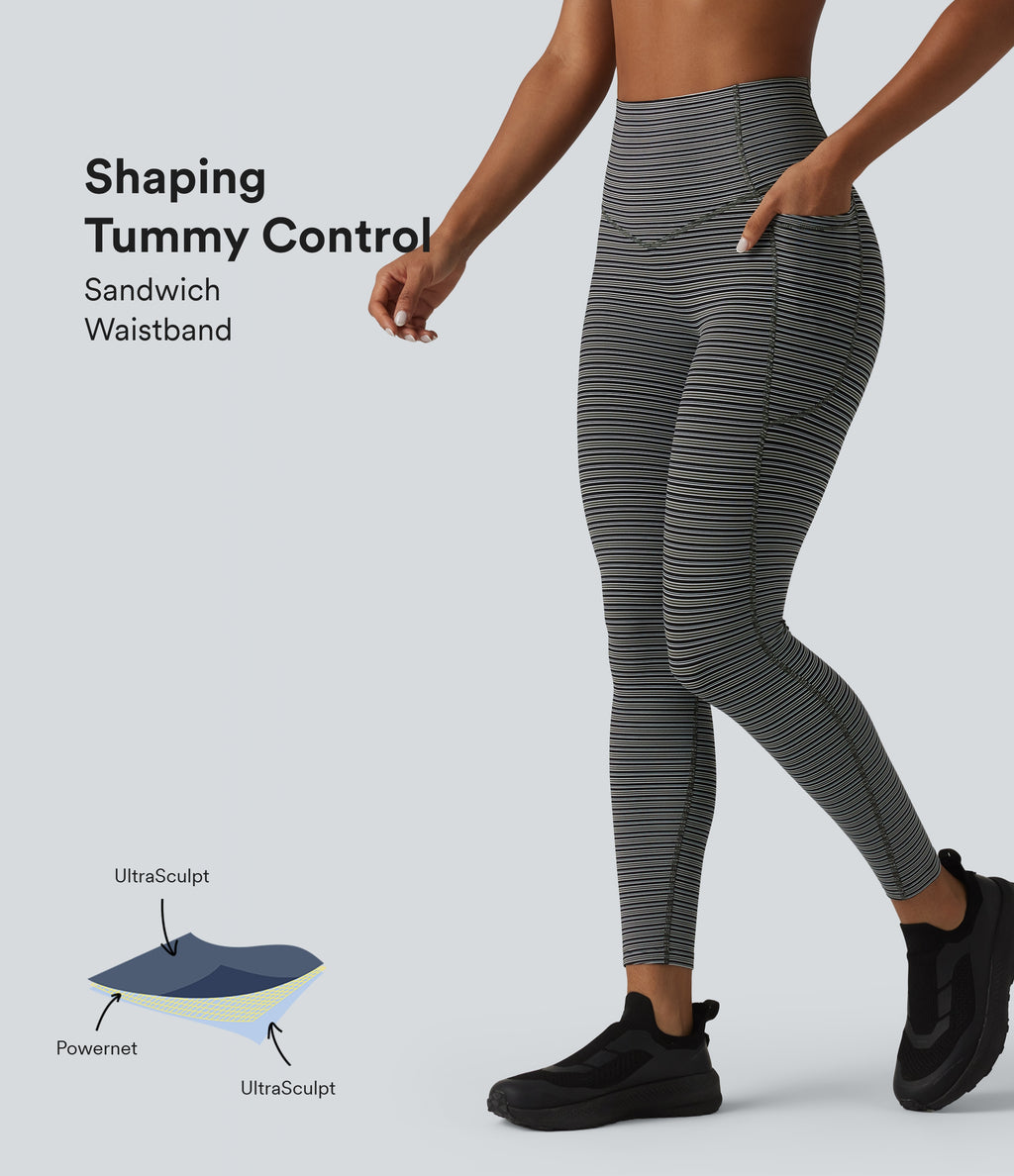 Jacquard Stripe High Waisted Tummy Control Running Leggings with Pockets — Nightwood Stripe — view 1