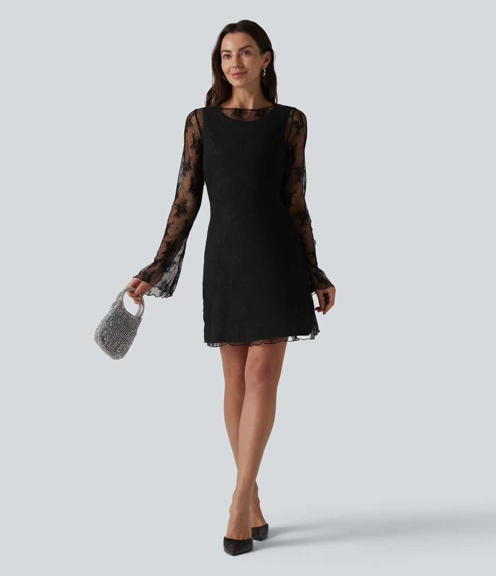 Round Neck Flounce Sleeve 2-piece Lace Party Dress — Black — view 8