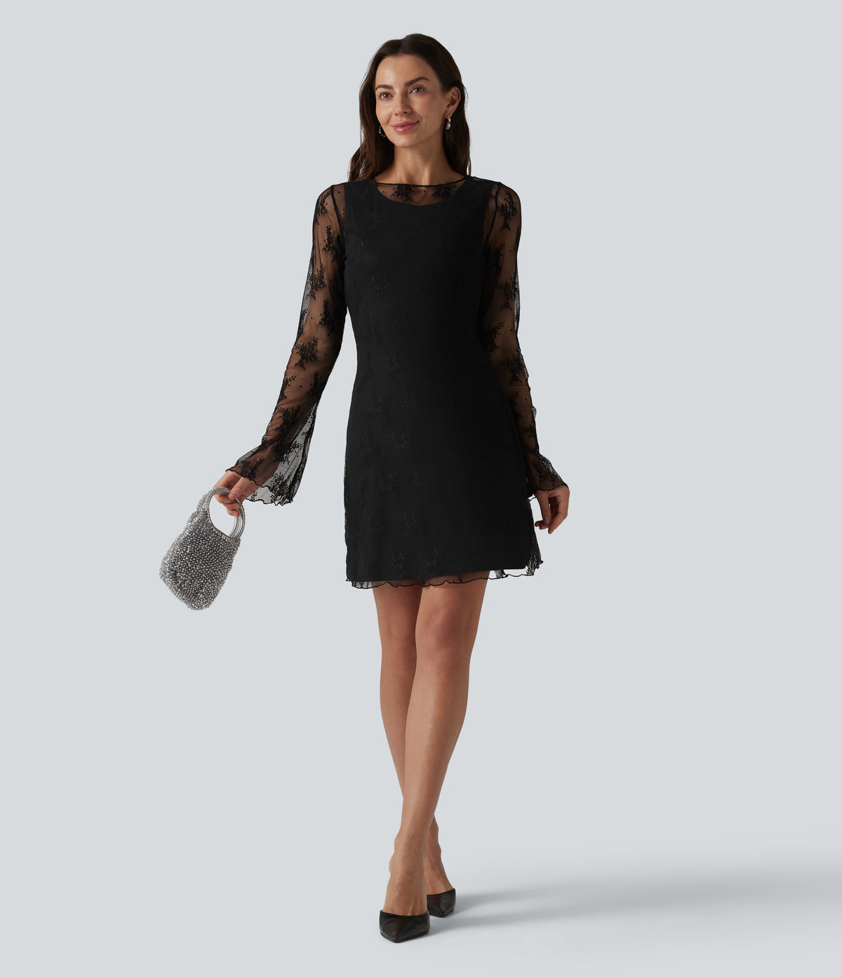 Round Neck Flounce Sleeve 2-piece Lace Party Dress — Black — view 8