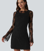 Round Neck Flounce Sleeve 2-piece Lace Party Dress — Black — view 6