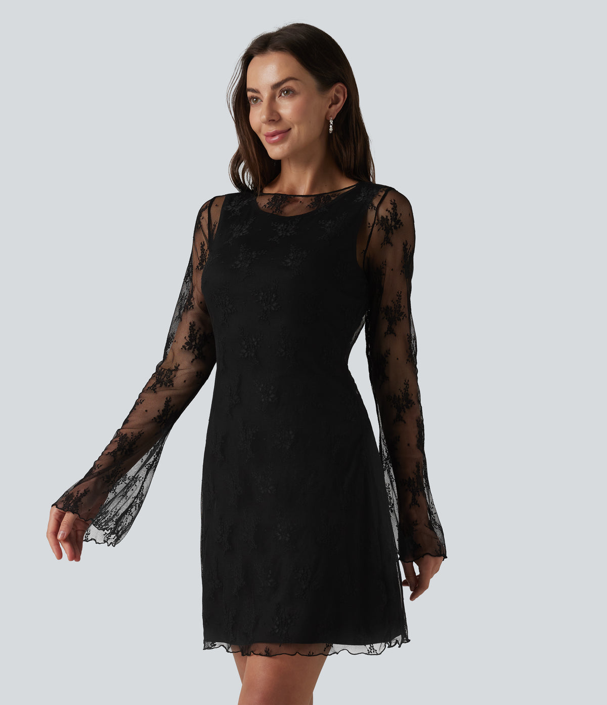 Round Neck Flounce Sleeve 2-piece Lace Party Dress — Black — view 3