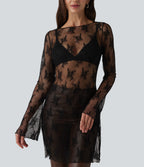 Round Neck Flounce Sleeve 2-piece Lace Party Dress — Black — view 5