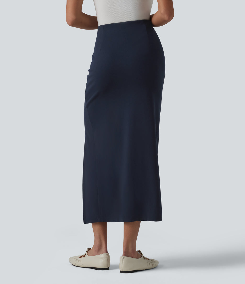 High Waisted Split Bodycon Midi Work Skirt — Always in a Mood - Dark Blue — view 2